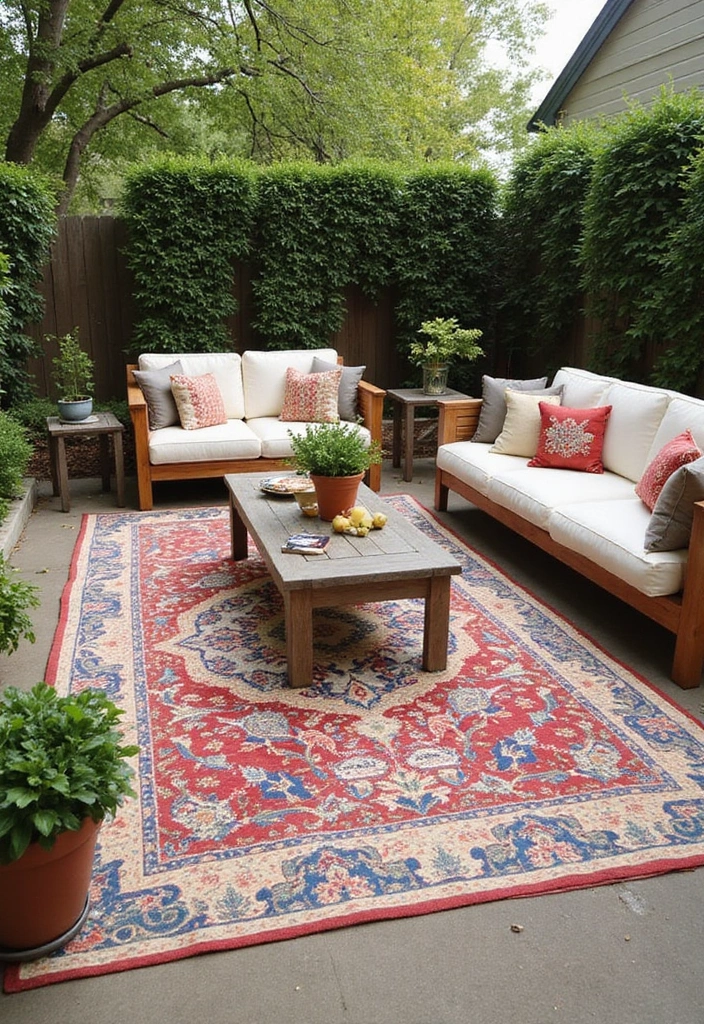 30 Small Backyard Ideas on a Budget DIY Simple Garden Design Inspirations You’ll Love - 20. Outdoor Rug for Comfort