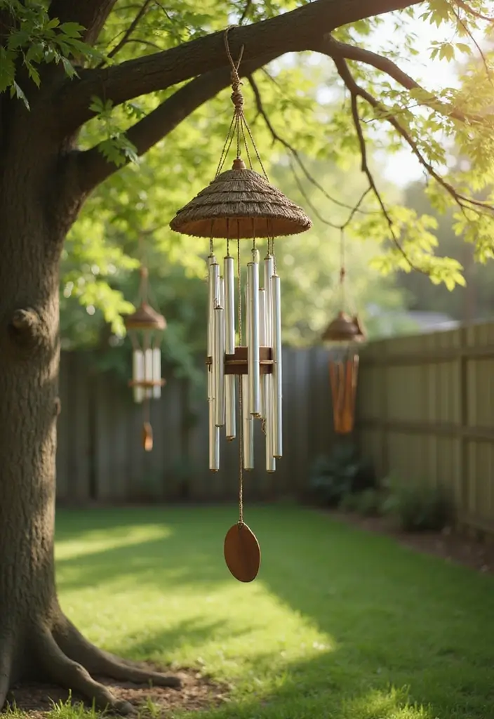 30 Small Backyard Ideas on a Budget DIY Simple Garden Design Inspirations You’ll Love - 26. Nature-Inspired Wind Chimes