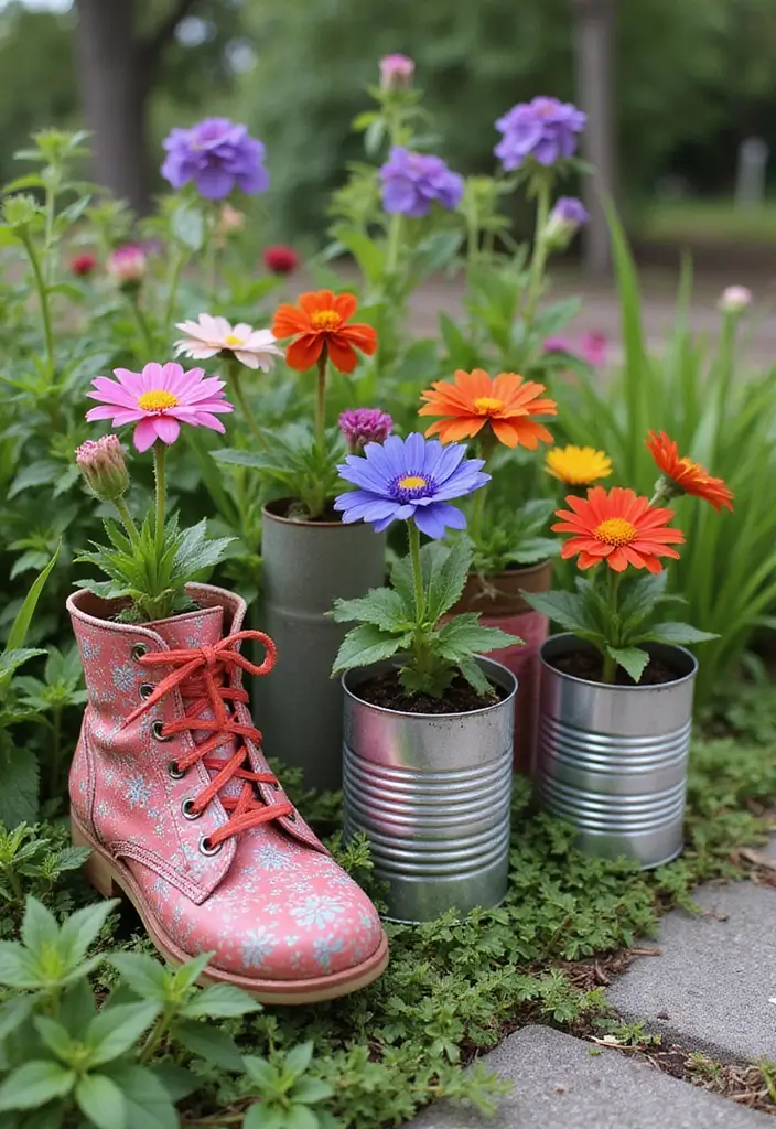 30 Small Backyard Ideas on a Budget: DIY Simple Garden Design Projects to Inspire You - 20. Upcycled Containers