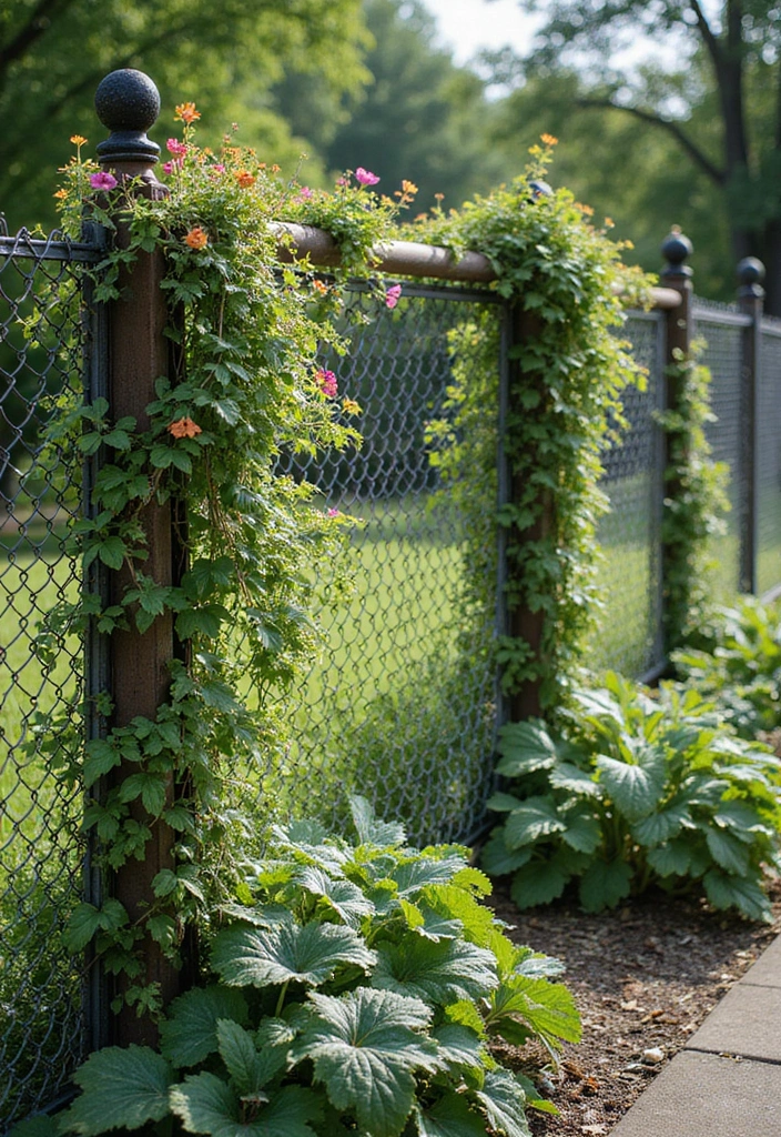 30 Small Garden Fence Ideas DIY for a Stylish Outdoor Look - 12. Chain Link Fence with Climbing Plants