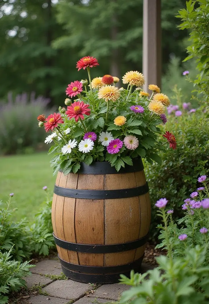 30 Yard Art DIY Garden Projects That Add Creative Charm - 19. Upcycled Barrel Planters
