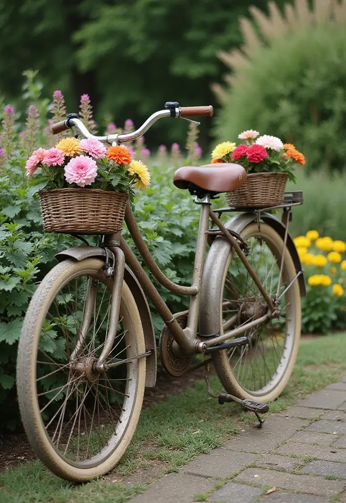 30 Yard Art DIY Garden Projects That Add Creative Charm - 8. Hanging Flower Baskets from Old Bicycles