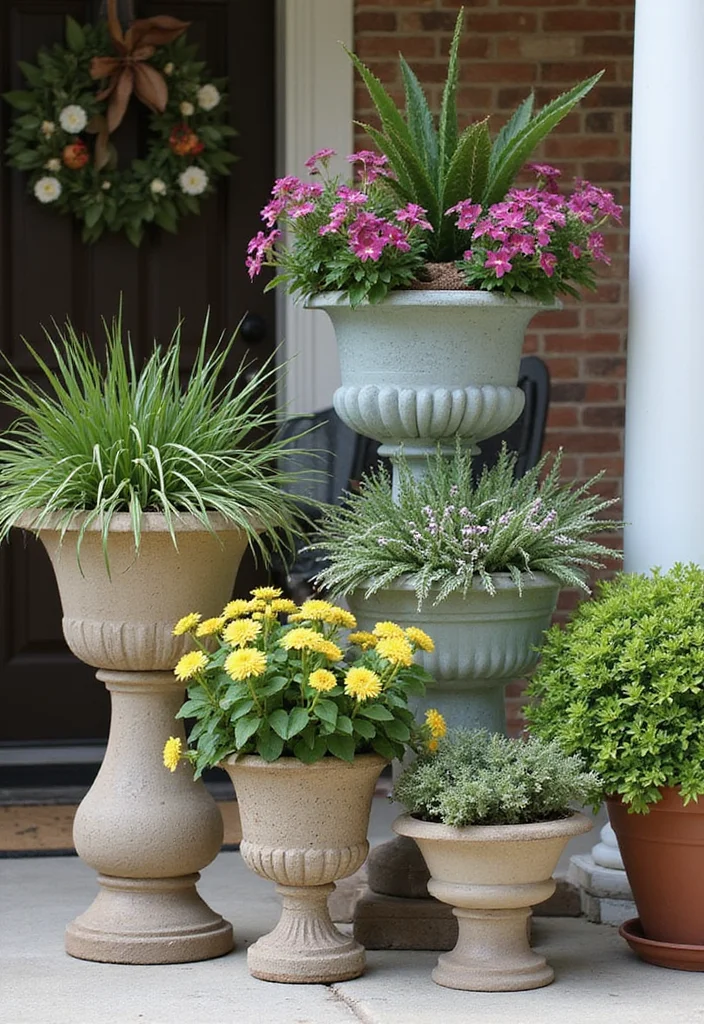 Garden Ideas Front of House: A Welcoming Guide with 20 Charming Entryway Inspirations - 13. Artistic Plant Stands