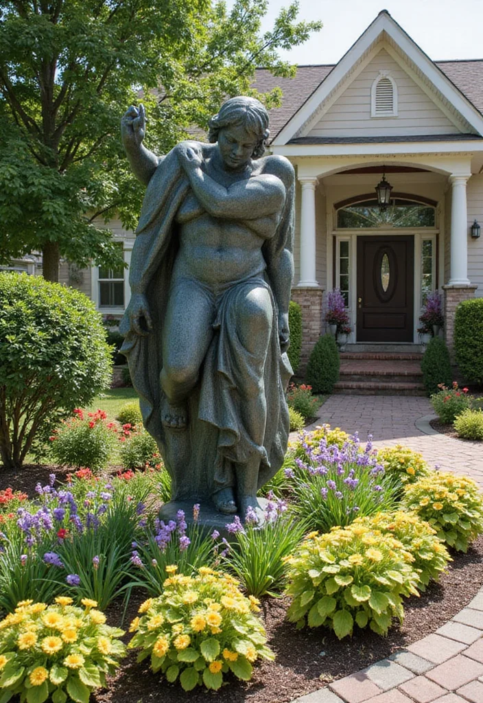 Garden Ideas Front of House: A Welcoming Guide with 20 Charming Entryway Inspirations - 19. Charming Garden Sculptures