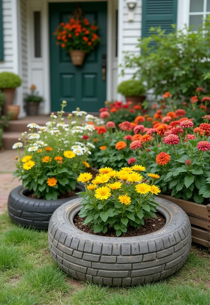 Garden Ideas Front of House: A Welcoming Guide with 20 Charming Entryway Inspirations - 20. Recycled Planters for Eco-Friendly Gardening