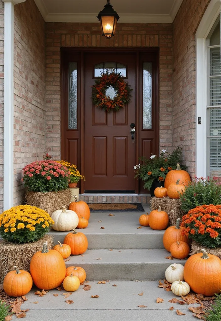 Garden Ideas Front of House: A Welcoming Guide with 20 Charming Entryway Inspirations - 7. Seasonal Display with Pumpkins